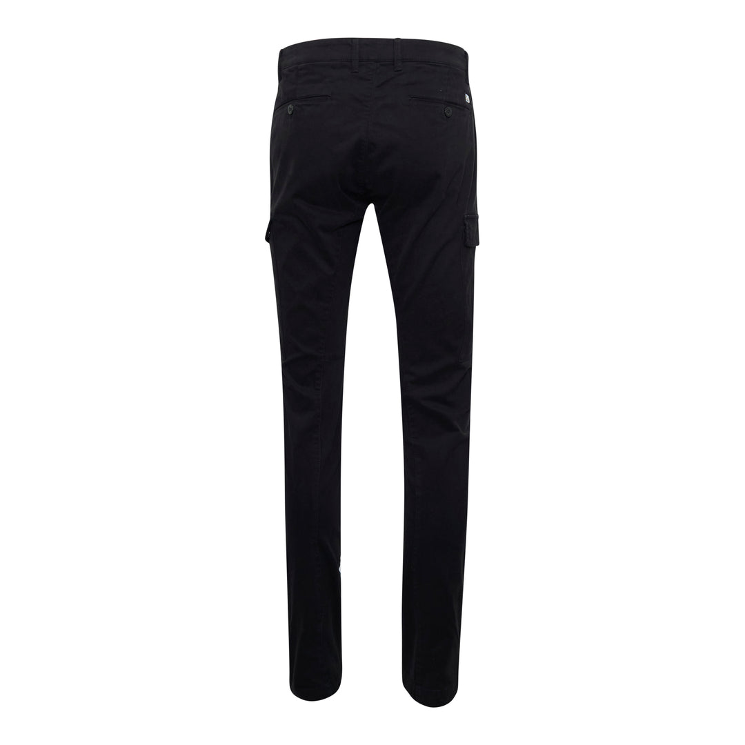 C.P. Company Stretch Sateen Ergonomic Cargo Pants in black, featuring a slim fit, flap thigh pockets, and tonal lens badge, shown from the front