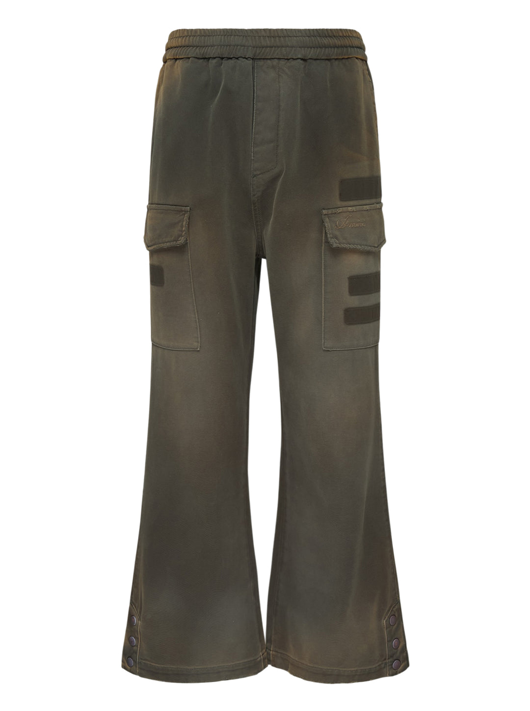 Amiri faded olive cotton cargo pants with flap pockets, strap details and snap-button flared hems