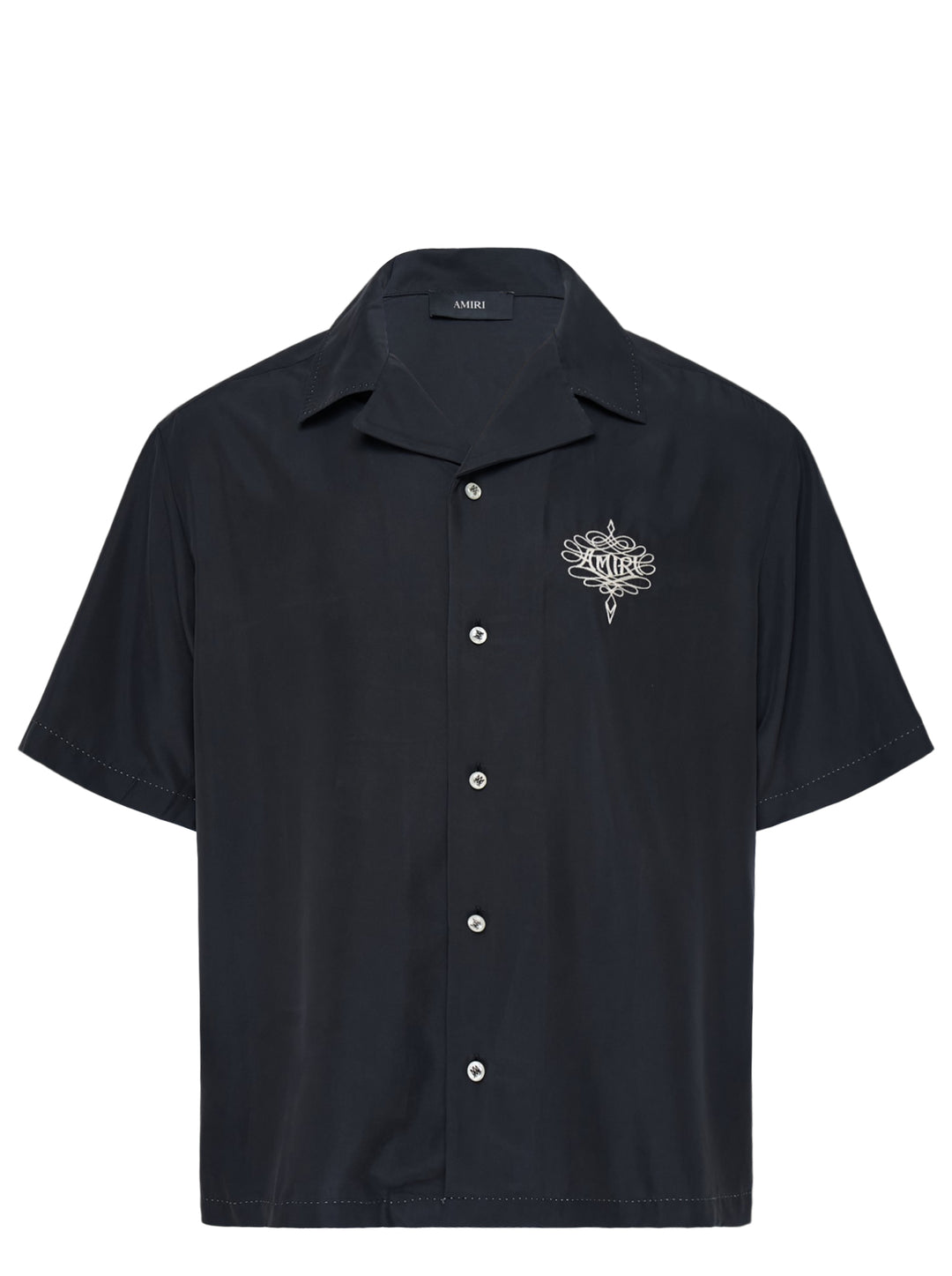 Amiri Lasso oversized camp shirt in black with an ornate embroidered logo on the chest, camp collar and mother-of-pearl buttons