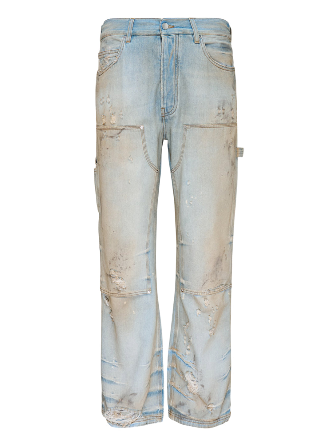 Amiri lightweight carpenter jeans in a distressed light wash with double-knee panels and hammer loop, shown from the front