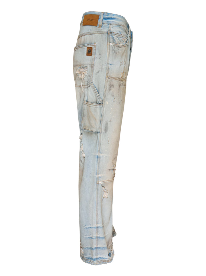 Amiri lightweight carpenter jeans in a distressed light wash with double-knee panels and hammer loop, shown from the front - view 3
