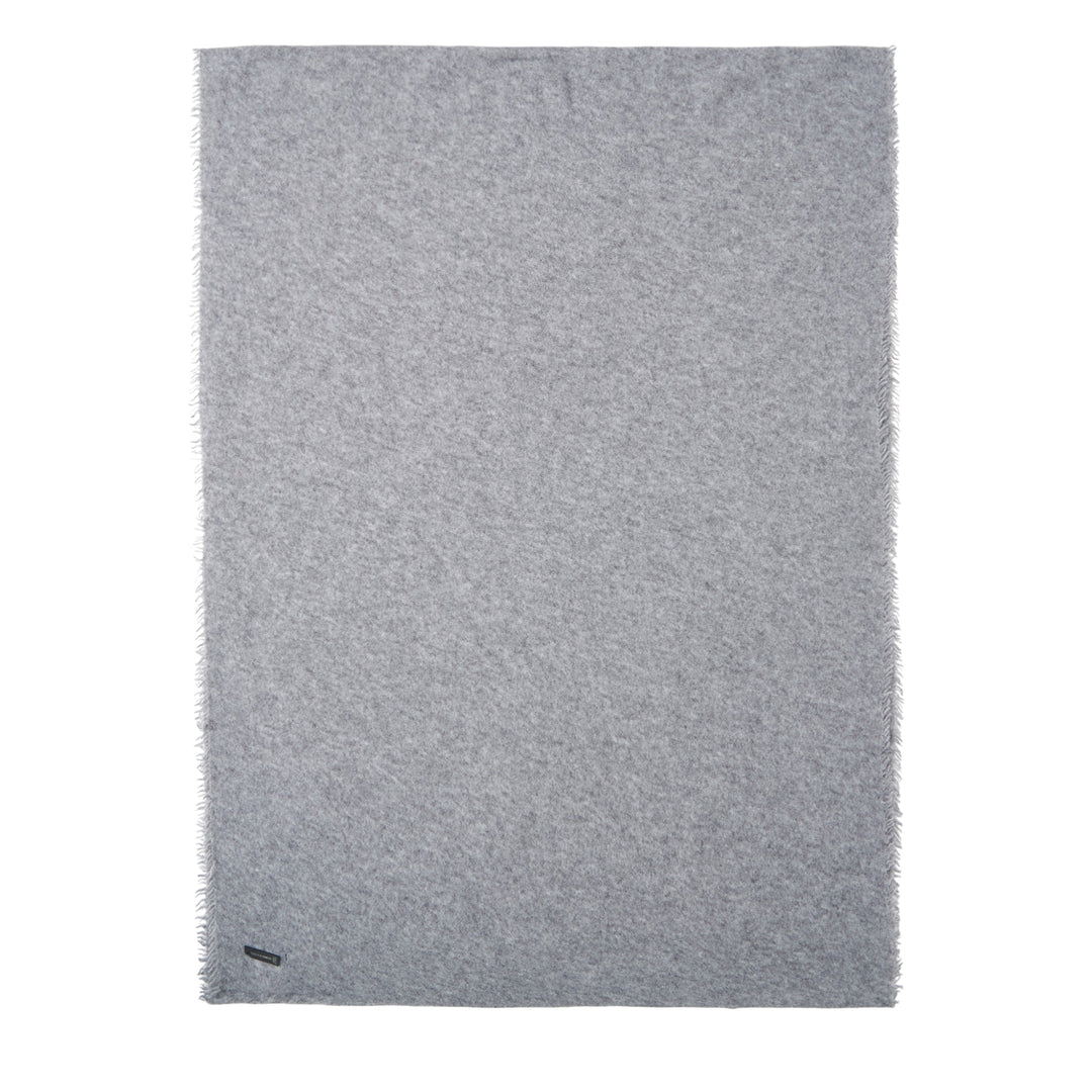 Faliero Sarti Adriel oversized scarf in heathered grey with raw fringe edges, laid flat on a white background