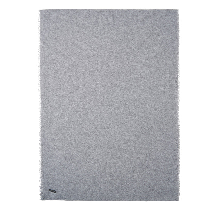 Faliero Sarti Adriel oversized scarf in heathered grey with raw fringe edges, laid flat on a white background