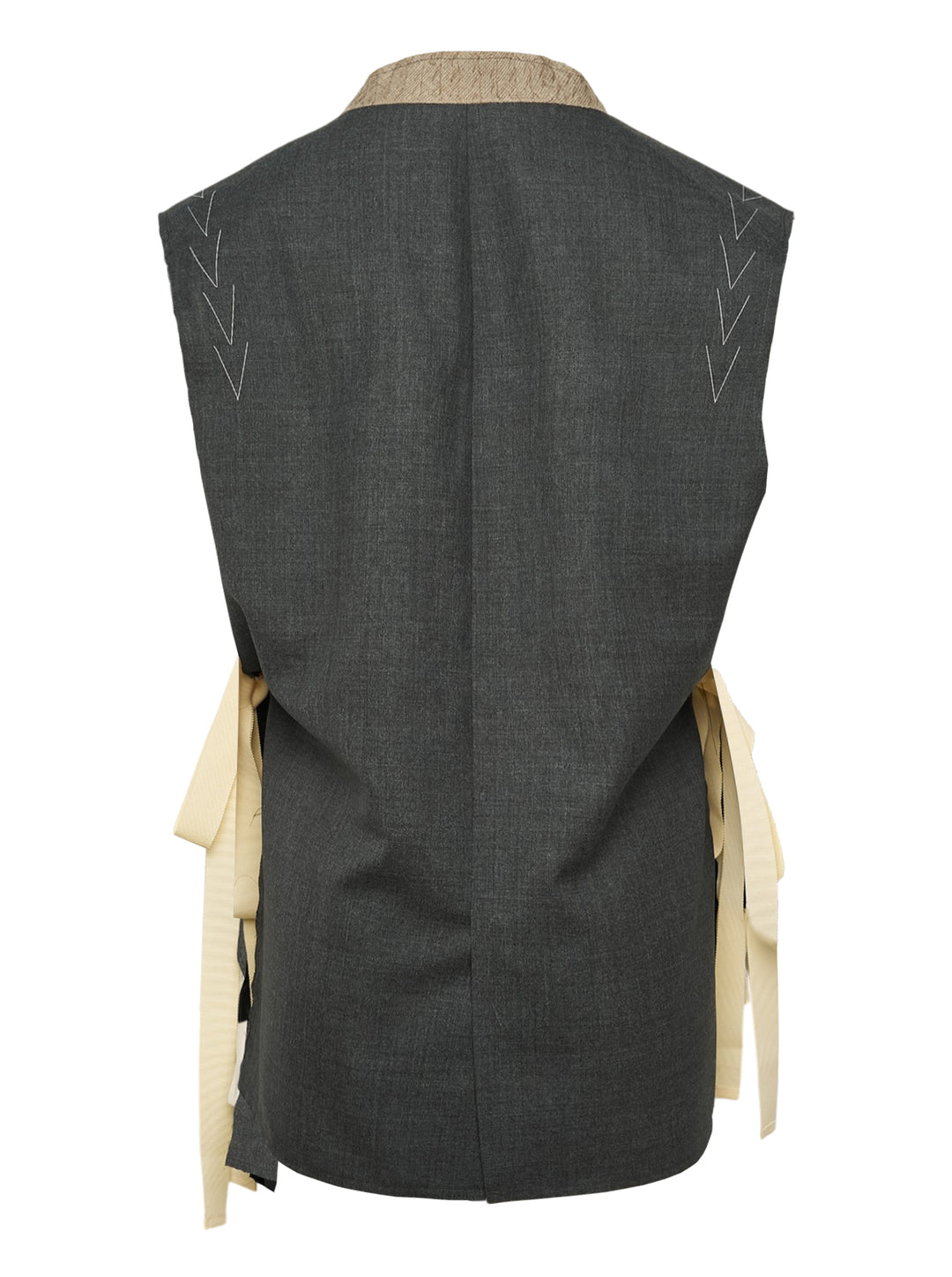 Sonia Carrasco Side Cut Blazer Vest in charcoal grey with open side panels revealing cream canvas interfacing and ribbon trim, notched lapel, and two-button front closure - view 2