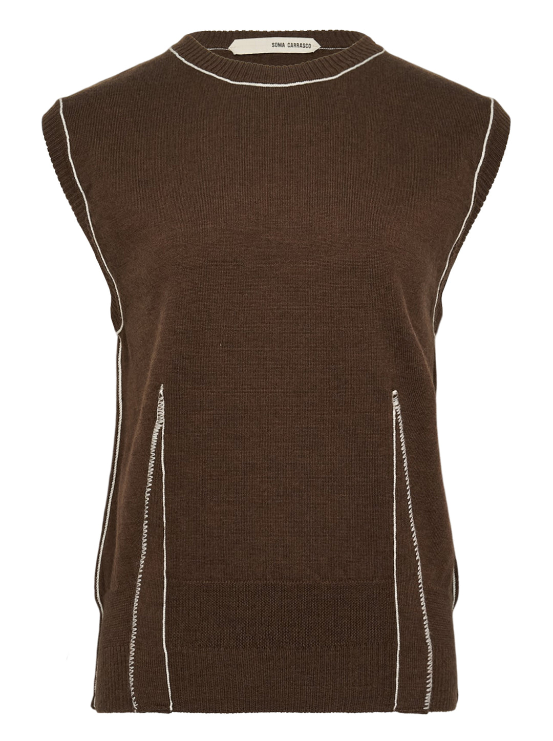 Sonia Carrasco Fitting Knit Vest in chocolate brown with cream contrast topstitching along the neckline, armholes, and diagonal pocket openings, photographed flat on a white background
