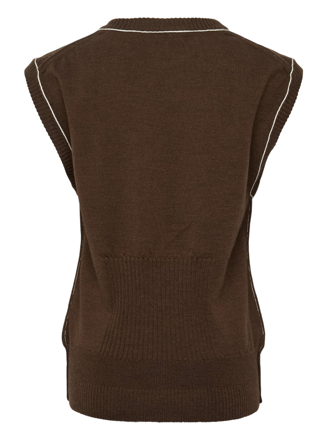 Sonia Carrasco Fitting Knit Vest in chocolate brown with cream contrast topstitching along the neckline, armholes, and diagonal pocket openings, photographed flat on a white background - view 2
