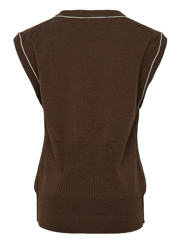 Sonia Carrasco Fitting Knit Vest in chocolate brown with cream contrast topstitching along the neckline, armholes, and diagonal pocket openings, photographed flat on a white background - view 2