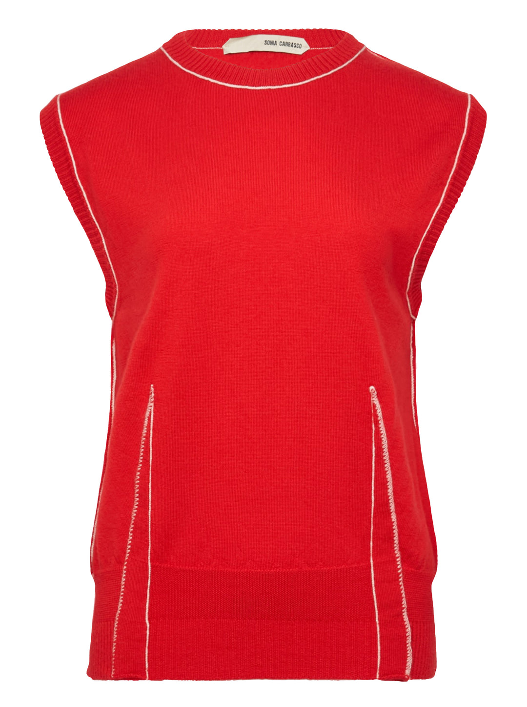 Sonia Carrasco Fitting Knit Vest in red with contrast cream piping along the neckline, armholes, side seams, and front pockets, displayed flat on a white background