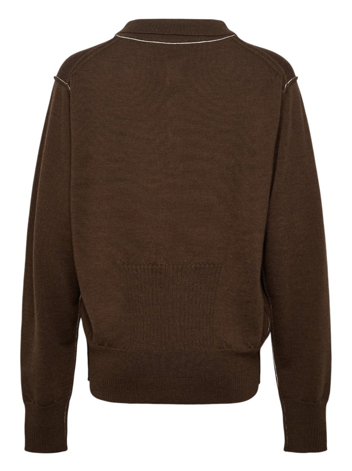 Sonia Carrasco Knit Polo Sweater in dark chocolate brown with contrast white overlock stitching along the seams, polo collar, four-button placket, and diagonal front pockets - view 2
