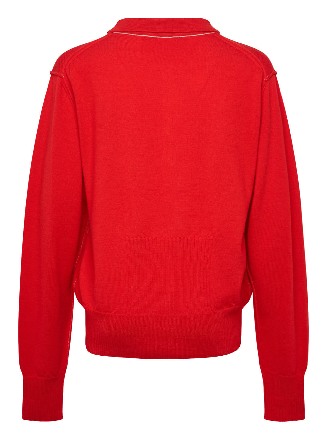 Sonia Carrasco red long sleeve knit polo sweater with contrast cream topstitching, three-button placket, polo collar, and ribbed hem and cuffs - view 2
