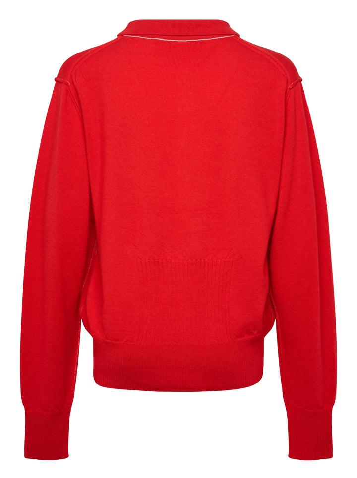Sonia Carrasco red long sleeve knit polo sweater with contrast cream topstitching, three-button placket, polo collar, and ribbed hem and cuffs - view 2