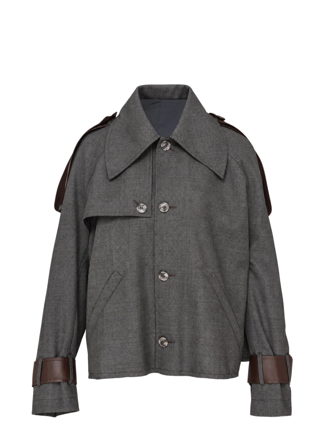Sonia Carrasco cropped grey trench jacket with oversized pointed collar, button front and brown leather-look straps at the shoulders and cuffs