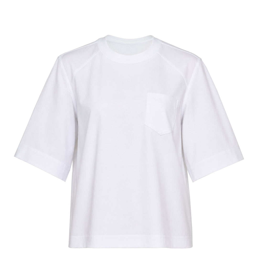 sacai Poplin x Cotton Jersey T-Shirt in white, featuring a boxy silhouette, raglan seaming, and a structured chest patch pocket