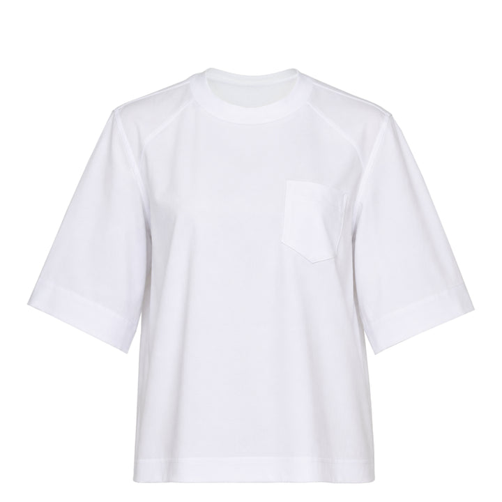 sacai Poplin x Cotton Jersey T-Shirt in white, featuring a boxy silhouette, raglan seaming, and a structured chest patch pocket