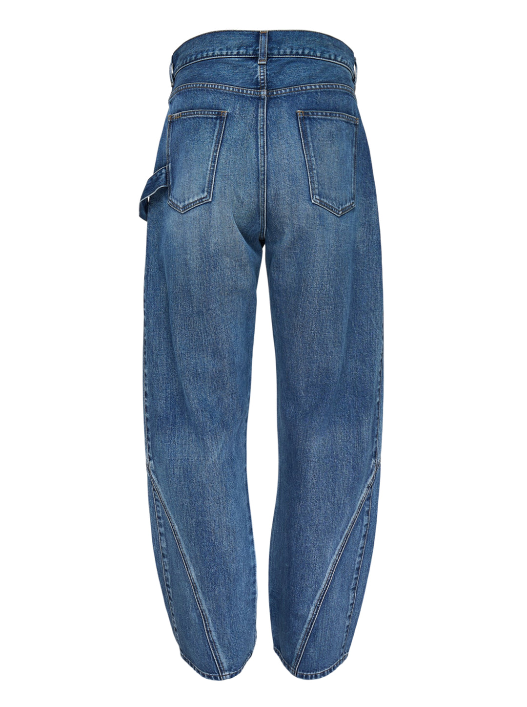JW Anderson Twisted Workwear Jeans in washed blue denim with curved twisted seams, embroidered front pocket and leather logo patch at the waistband - view 3