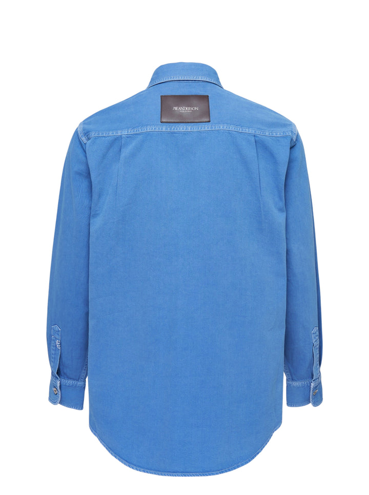 JW Anderson oversized long sleeve shirt in washed blue cotton twill with two chest pockets and an embroidered anchor logo - view 2