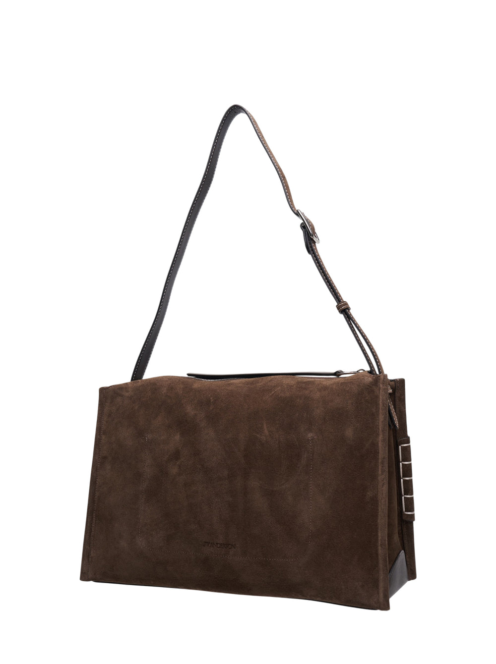 JW Anderson Messenger Loafer Bag in brown suede with adjustable dark leather crossbody strap, front slip pocket, and silver-tone bar hardware at both sides - view 2