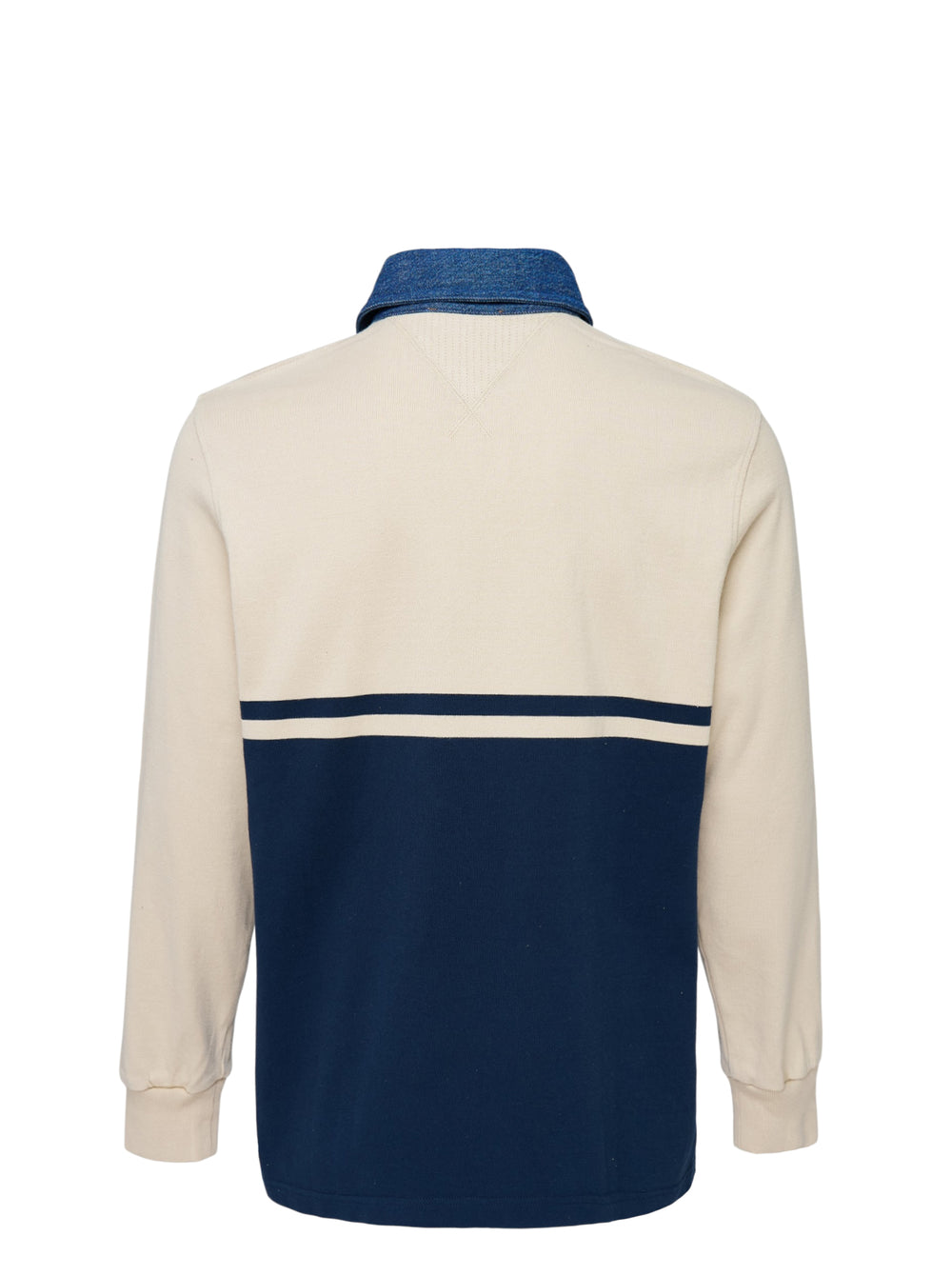 JW Anderson long sleeve polo in cream and navy colour-block with a washed denim collar, three-button placket and embroidered chest logo - view 2
