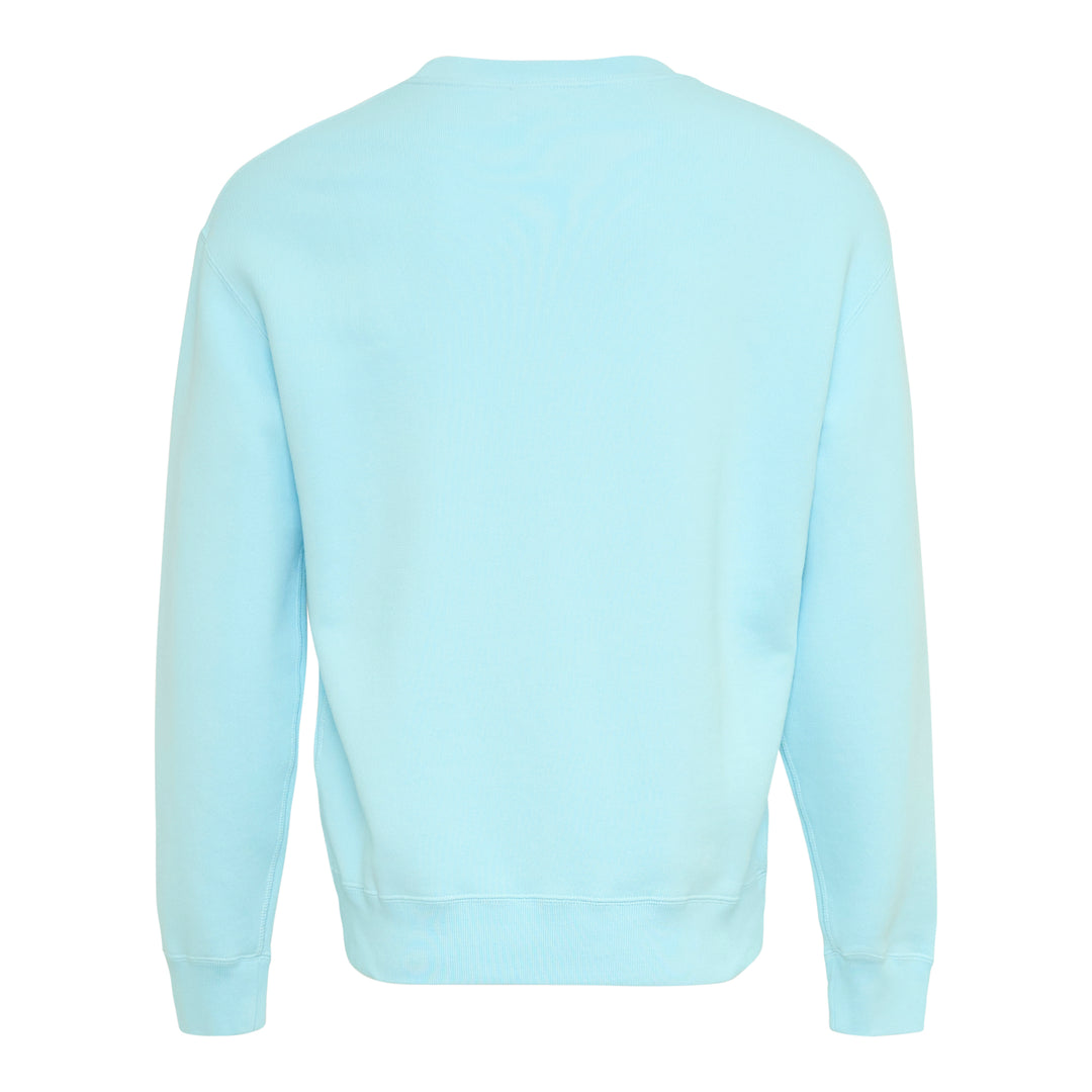 JW Anderson Small Foweles sky-blue crew-neck sweatshirt with dot-matrix embroidered Middle English text and tonal blue grid graphic on the chest, shown flat on a white background