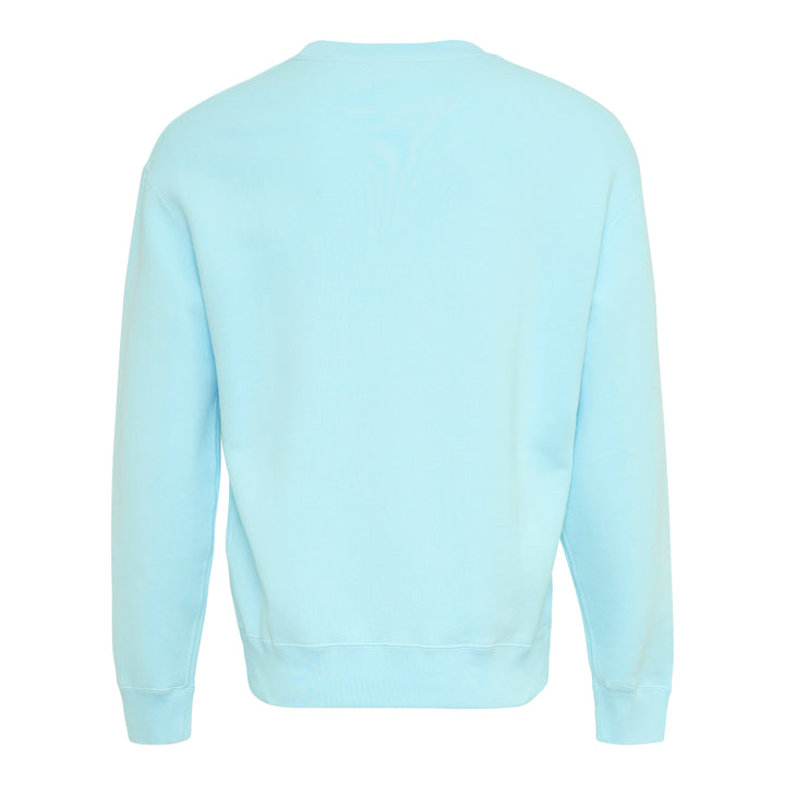 JW Anderson Small Foweles sky-blue crew-neck sweatshirt with dot-matrix embroidered Middle English text and tonal blue grid graphic on the chest, shown flat on a white background