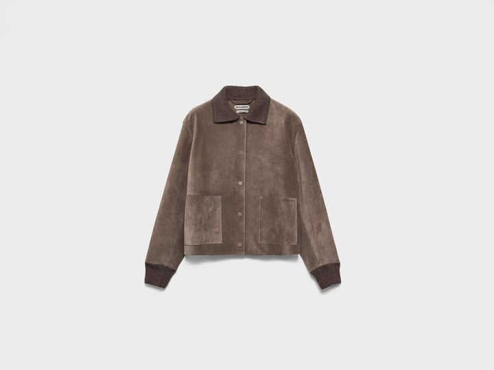 JW Anderson split suede jacket in taupe brown with ribbed knit collar and cuffs, snap-button front and two patch pockets