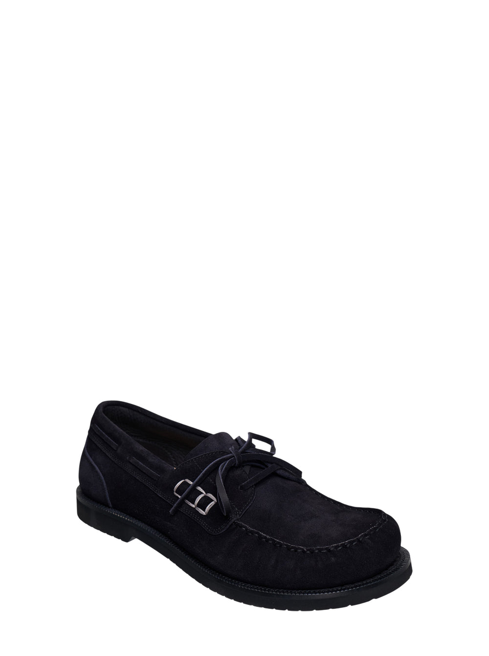 JW Anderson black suede boat loafer with lace-up vamp, silver ring hardware, and chunky ridged rubber outsole, shown in profile view - view 2