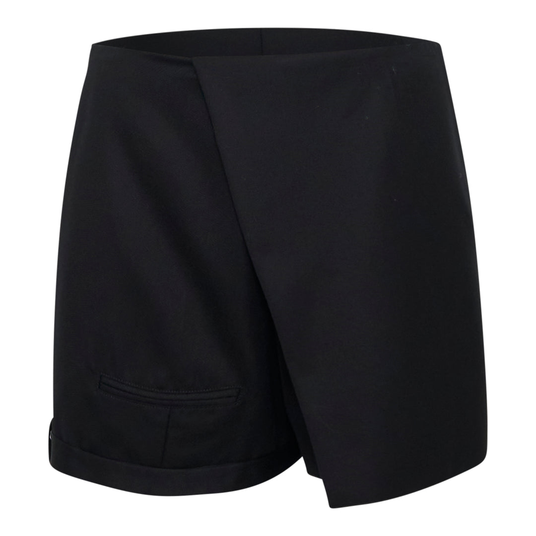 JW Anderson black Folded Wrap Shorts with asymmetric diagonal overlap front, cuffed hem with button detail, and patch pocket
