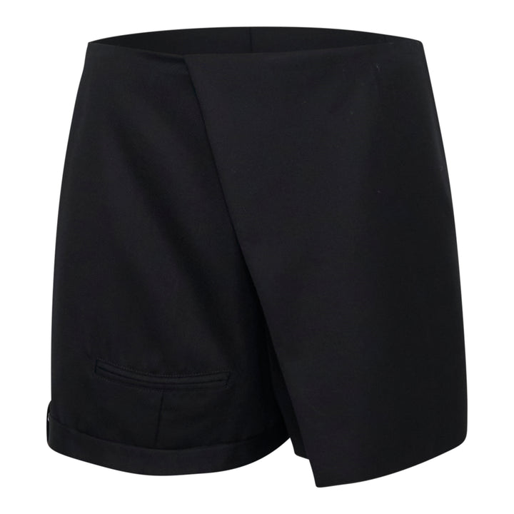 JW Anderson black Folded Wrap Shorts with asymmetric diagonal overlap front, cuffed hem with button detail, and patch pocket