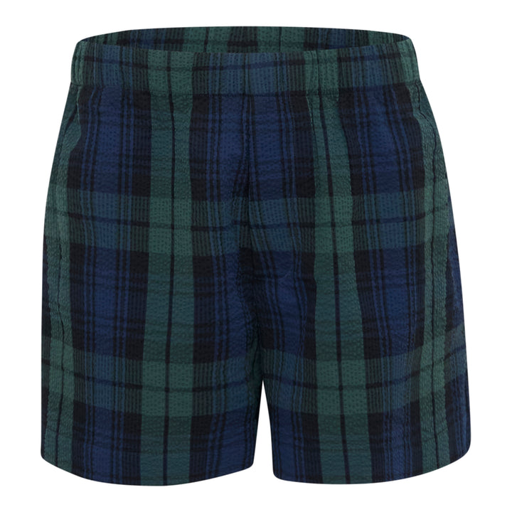 JW Anderson Drawstring Seersucker Shorts in Black Watch tartan, featuring green, navy, and black plaid on a crinkled cotton fabric with an elasticated drawstring waistband and side pockets