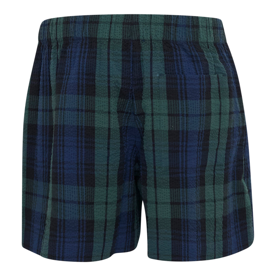 JW Anderson Drawstring Seersucker Shorts in Black Watch tartan, featuring green, navy, and black plaid on a crinkled cotton fabric with an elasticated drawstring waistband and side pockets