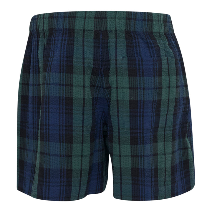 JW Anderson Drawstring Seersucker Shorts in Black Watch tartan, featuring green, navy, and black plaid on a crinkled cotton fabric with an elasticated drawstring waistband and side pockets