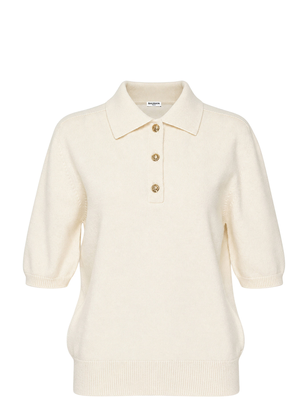 Balmain short sleeve cashmere knit polo in cream with a ribbed collar and three gold-tone embossed buttons