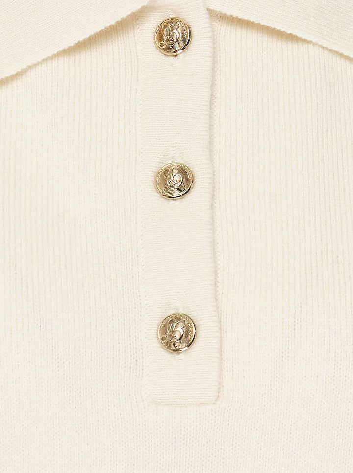 Balmain short sleeve cashmere knit polo in cream with a ribbed collar and three gold-tone embossed buttons - view 4