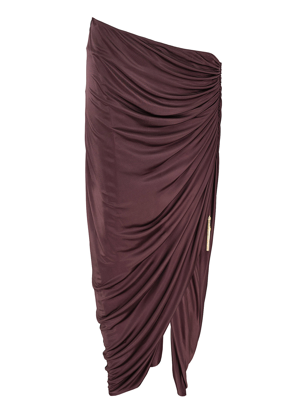 Balmain draped jersey midi skirt in deep burgundy with asymmetric waist, ruched side detail, front slit and gold-tone tassel