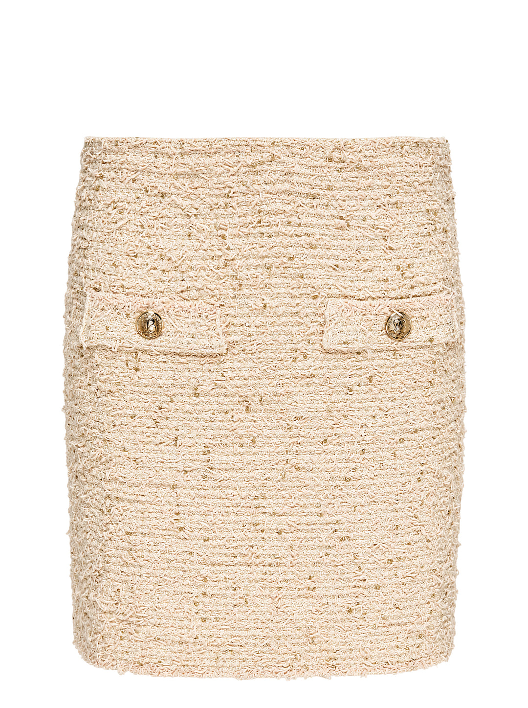 Balmain cream tweed knit mini skirt with gold metallic flecks and two flap pockets with embossed gold-tone buttons