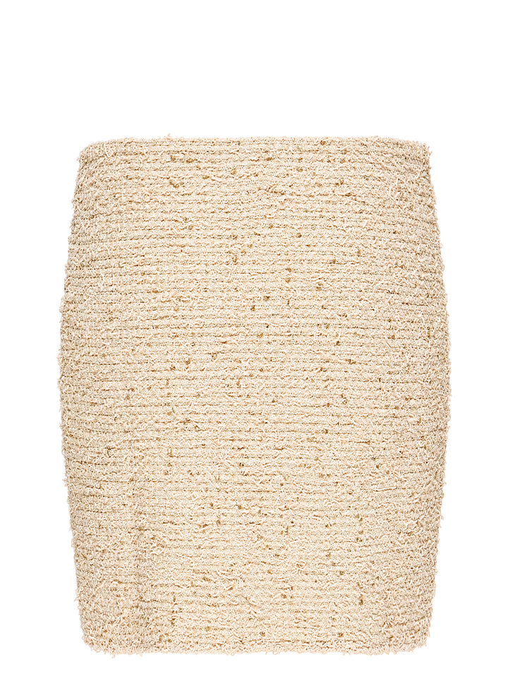 Balmain cream tweed knit mini skirt with gold metallic flecks and two flap pockets with embossed gold-tone buttons - view 2