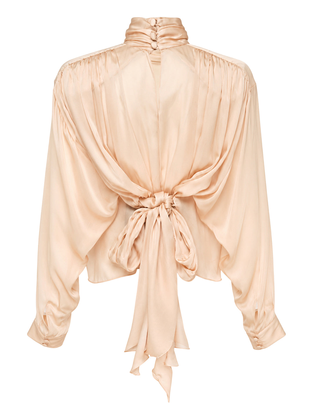 Balmain long sleeve silk charmeuse blouse in a soft blush tone with a draped high neck, gathered shoulders and a tie-back bow - view 2