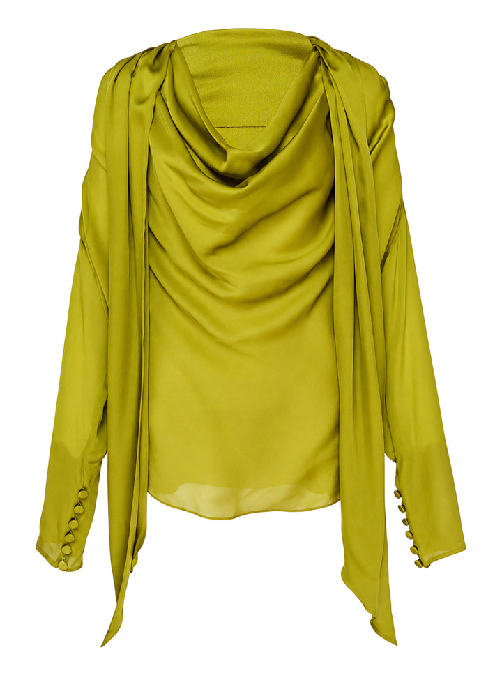 Balmain open neck draped silk charmeuse blouse with cowl neckline, scarf-like shoulder panels and covered button cuffs