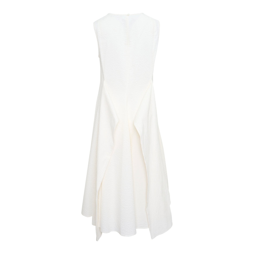 JW Anderson Cloqué Cotton Seersucker Dress in off-white, featuring a sleeveless design with a crew neckline and a full A-line skirt in textured puckered fabric