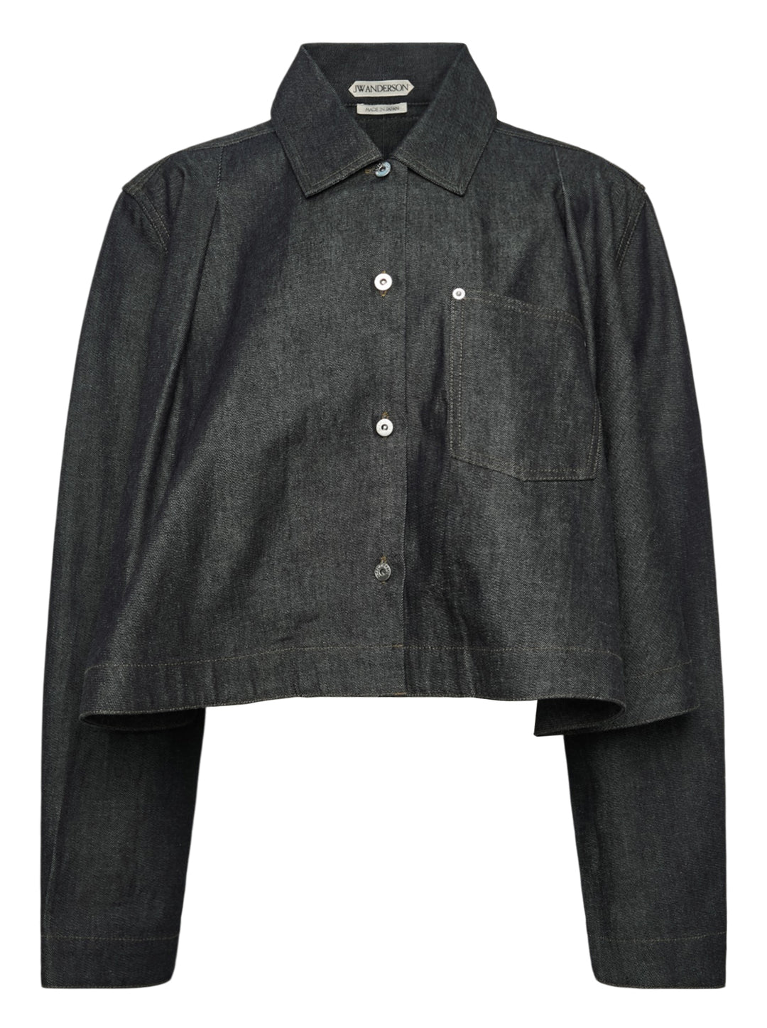 JW Anderson dark indigo lightweight denim flare hem shirt with detached dropped sleeves, cropped body, point collar, patch chest pocket, and mixed mother-of-pearl button fastening — front view
