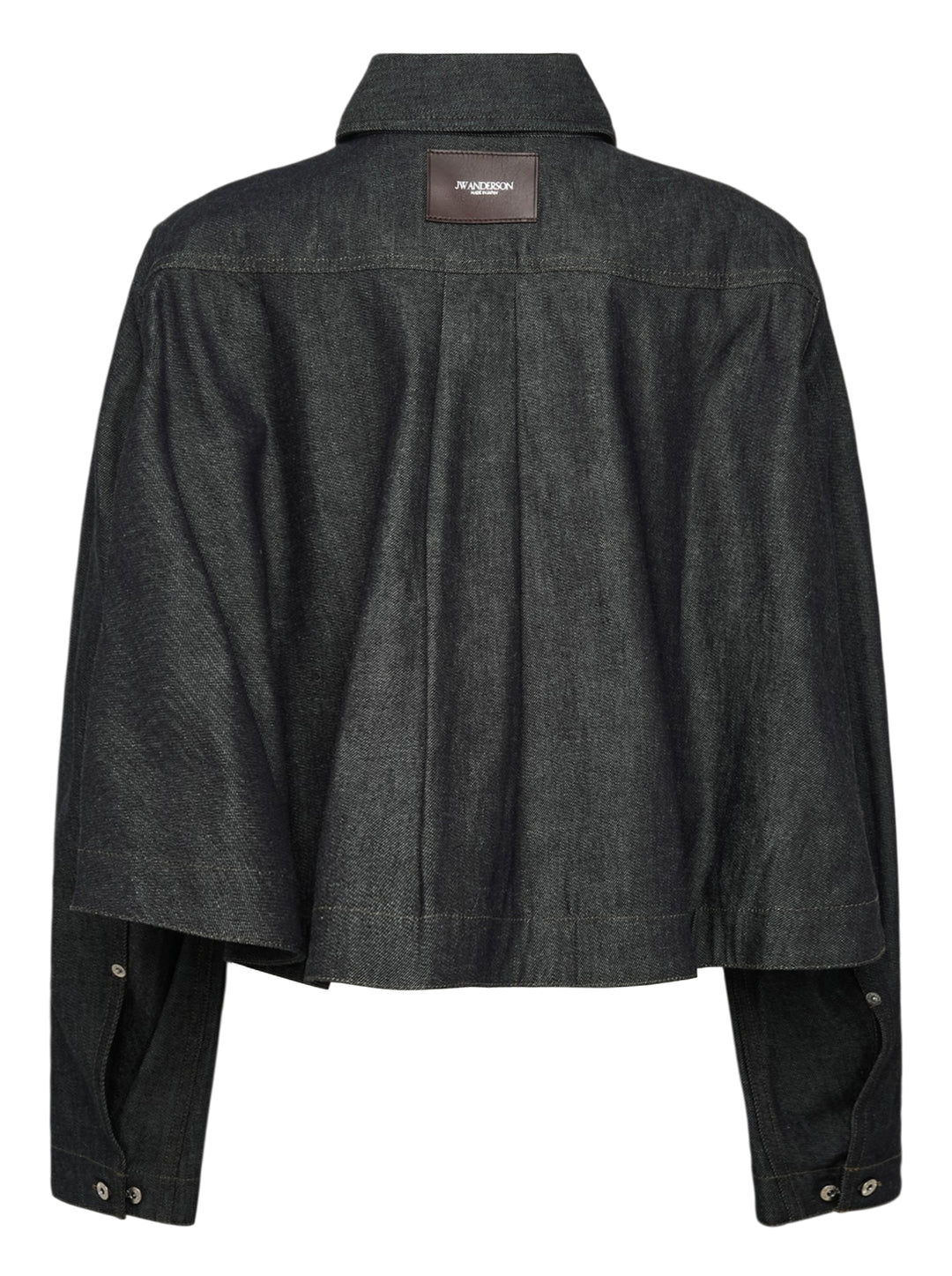 JW Anderson dark indigo lightweight denim flare hem shirt with detached dropped sleeves, cropped body, point collar, patch chest pocket, and mixed mother-of-pearl button fastening — front view - view 2