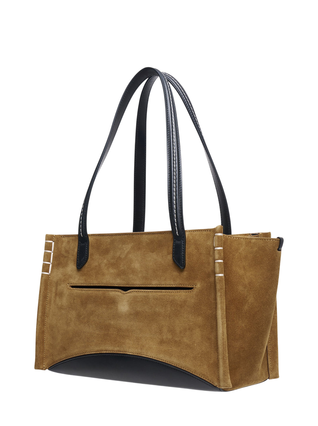 JW Anderson Elongated Loafer Cabas tote bag in tan suede with black leather shoulder handles, curved leather base, and whipstitch gusset detailing - view 2