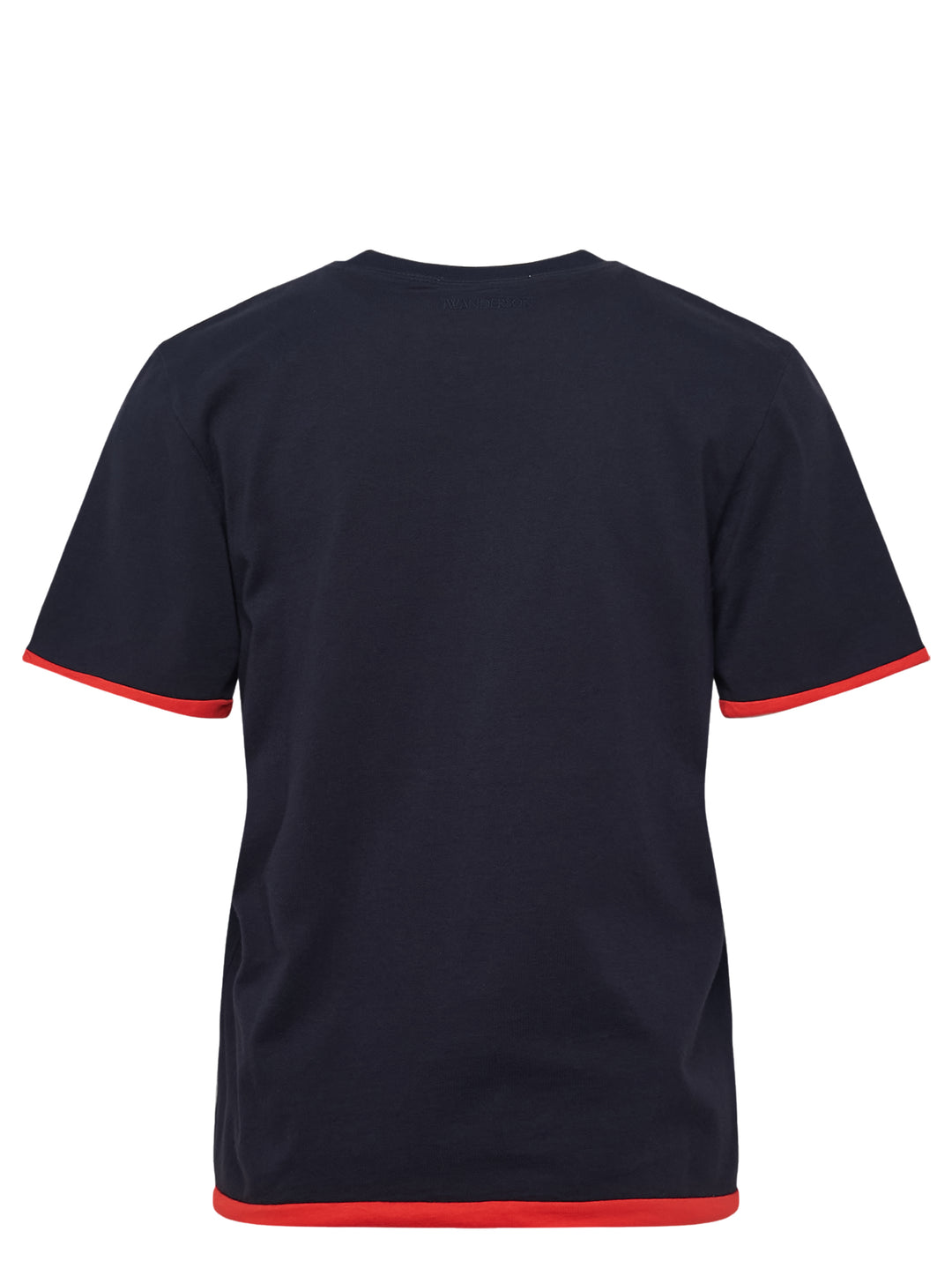 JW Anderson navy short sleeve t-shirt with red cursive 'in the shade' chest embroidery and contrast red sleeve and hem trim detailing - view 2