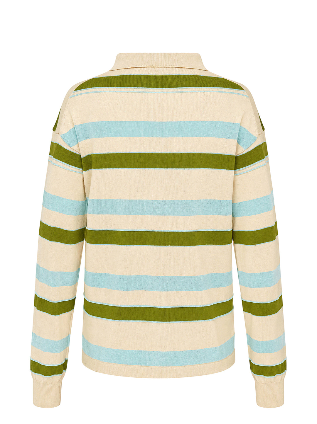 JW Anderson Rugby Knitted Polo in cream with green and light blue horizontal stripes, collar, three-button placket and embroidered anchor logo - view 2