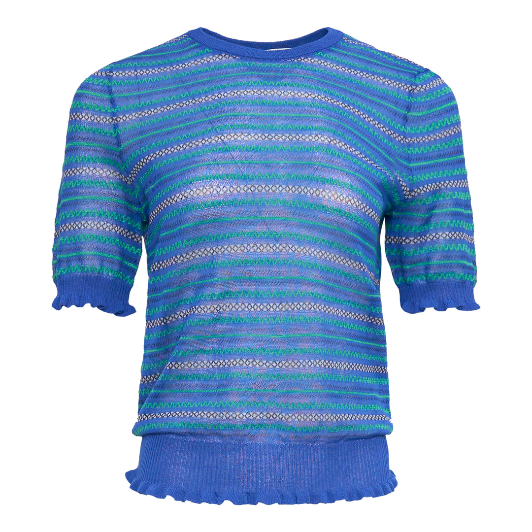 JW Anderson Short Sleeve Sheer Fair Isle Top in blue with green zigzag stripe stitching, open-mesh knit construction, frilled cuffs and double frilled hem, photographed flat on white background