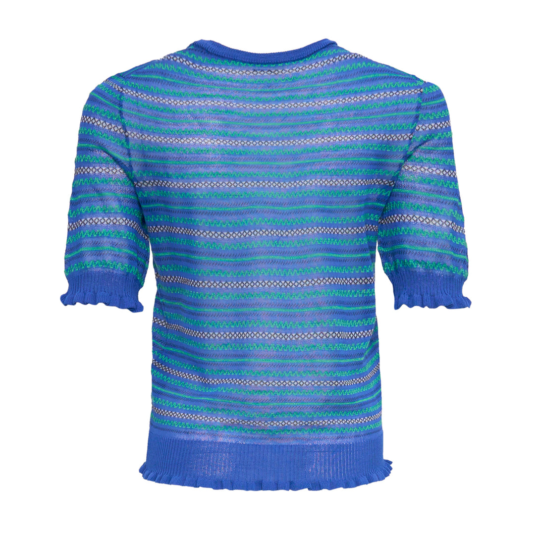 JW Anderson Short Sleeve Sheer Fair Isle Top in blue with green zigzag stripe stitching, open-mesh knit construction, frilled cuffs and double frilled hem, photographed flat on white background