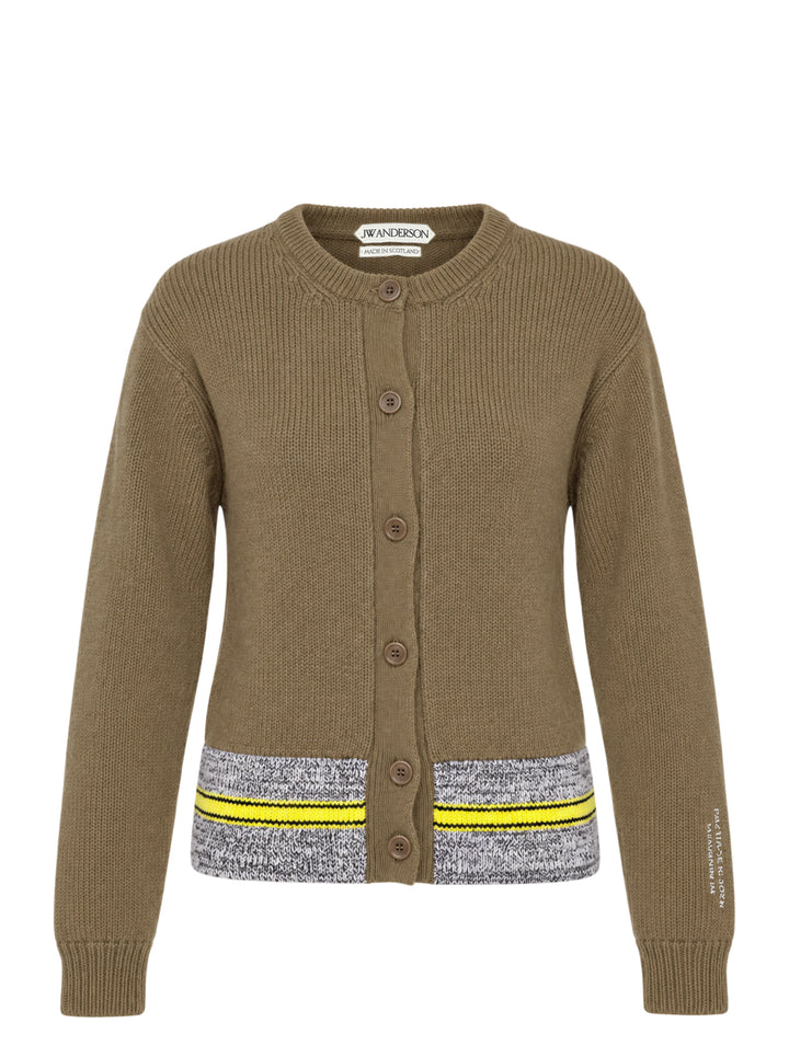 JW Anderson olive green button-up cardigan with a marled grey hem panel and yellow and black stripes