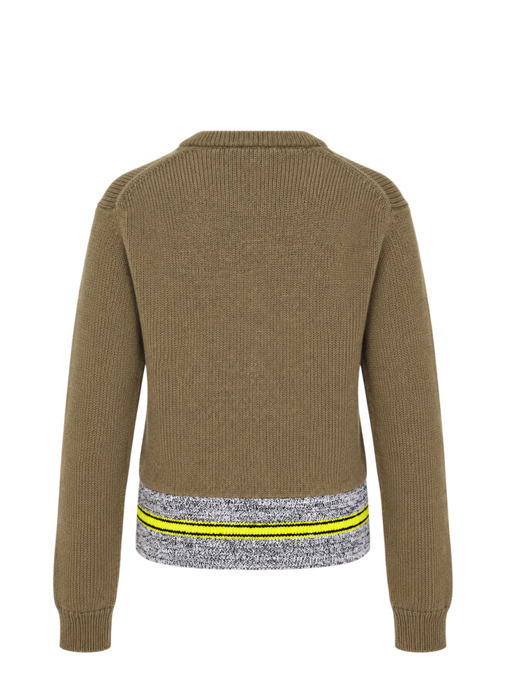 JW Anderson olive green button-up cardigan with a marled grey hem panel and yellow and black stripes - view 2