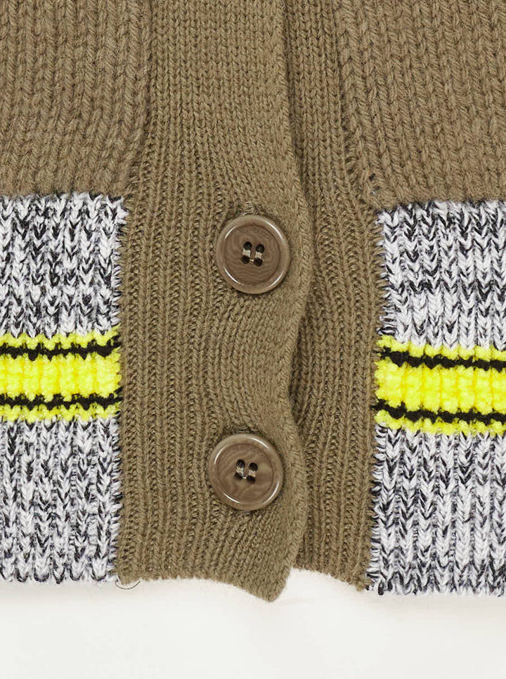 JW Anderson olive green button-up cardigan with a marled grey hem panel and yellow and black stripes - view 3