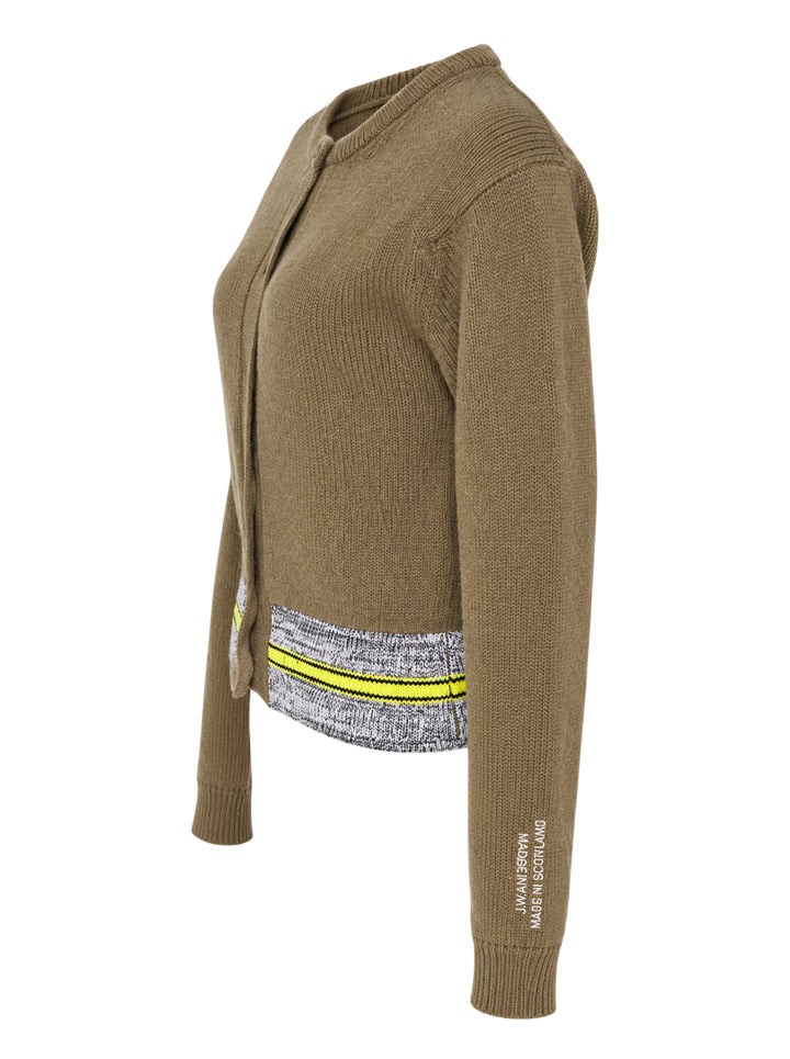 JW Anderson olive green button-up cardigan with a marled grey hem panel and yellow and black stripes - view 4